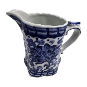 Vtg Blue White Porcelain Pitcher Vase Andrea By Sadek? Floral Chinoiserie 4.5"H